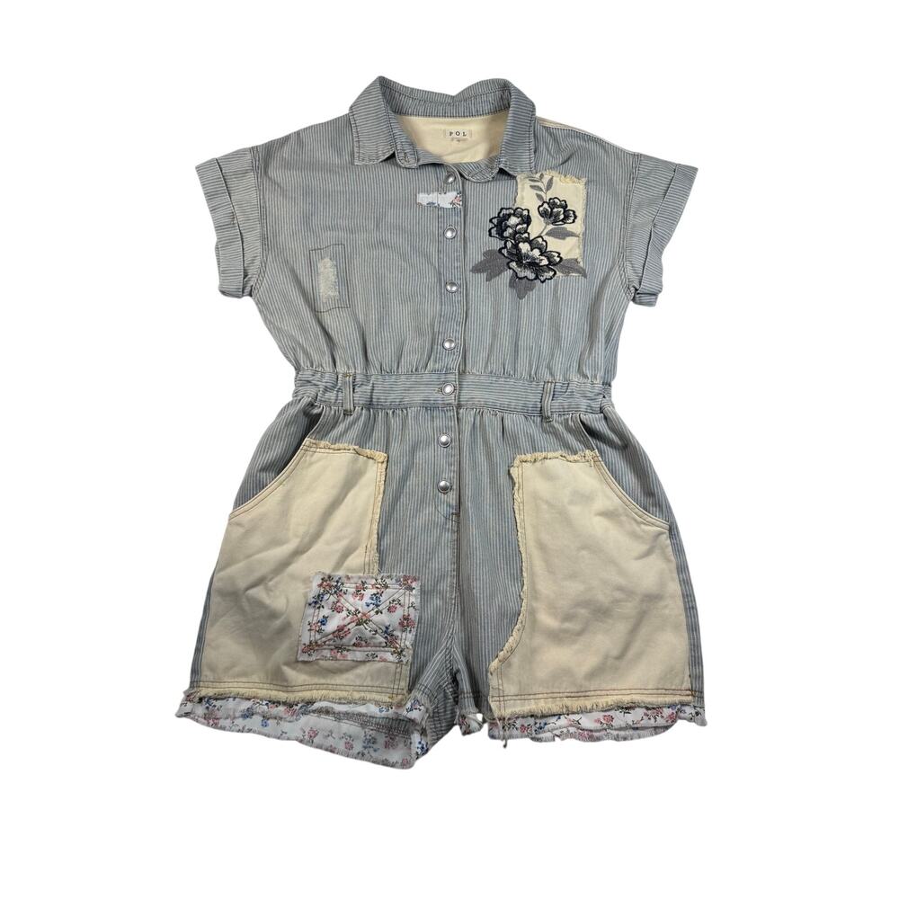 POL Romper Womens M Denim Stripe Floral Patchwork Boho Western Raw Hem
